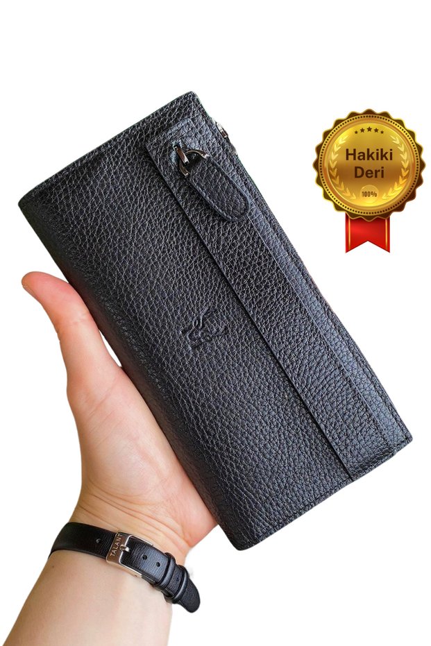 Mannu - Elite Serie Black Long Wallet with Hand Band and Real Leather Coin Compartment