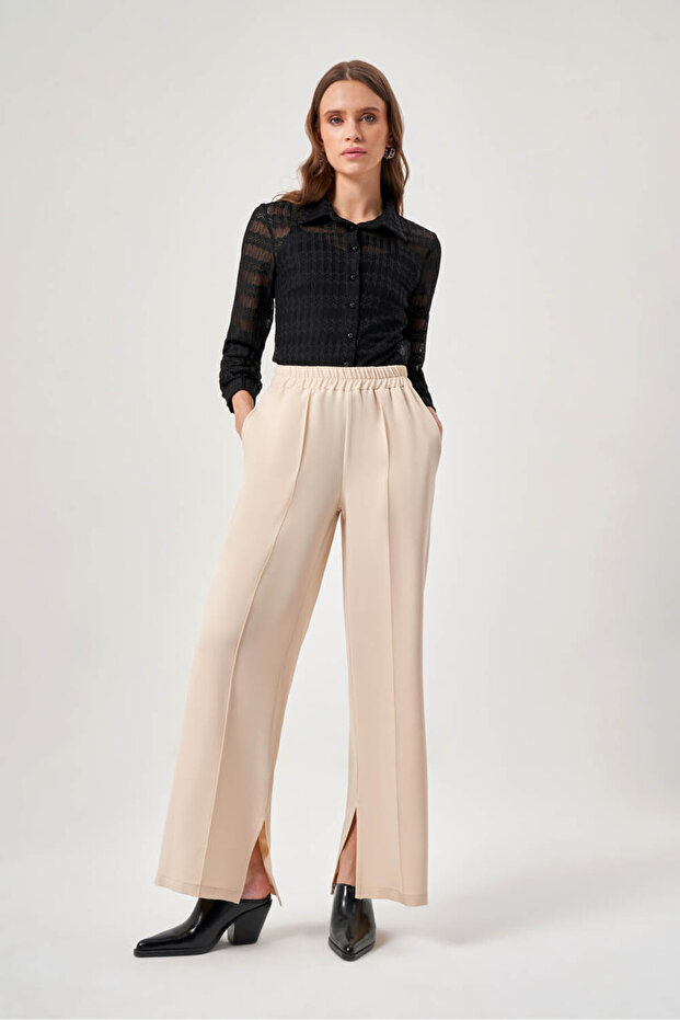 Beige Trousers with Stitched Front