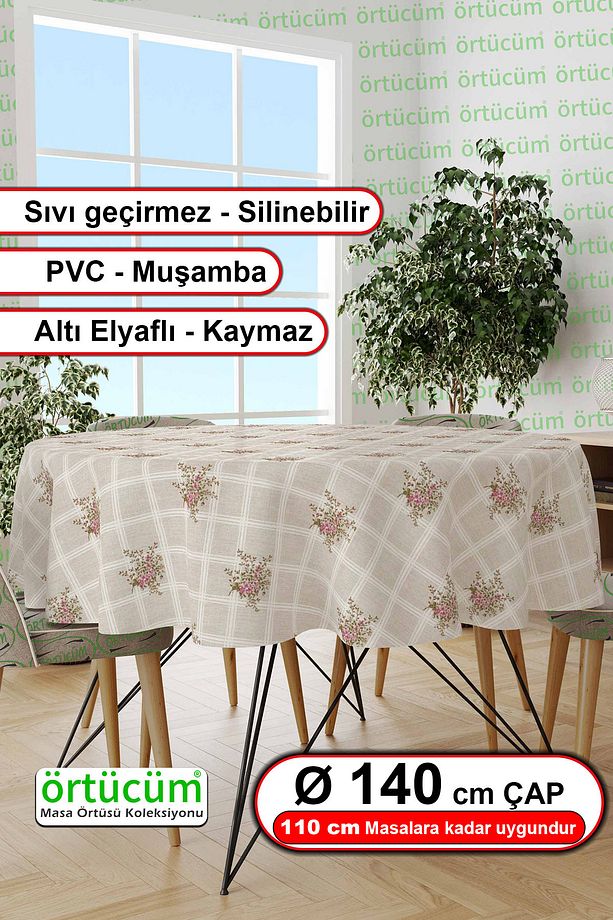 Yuvarlak Pvc Muşamba Astarlı Masa Örtüsü Bej Mini Çiçek Desenli Silinebilir Sıvı Geçirmez Mutfak - 1