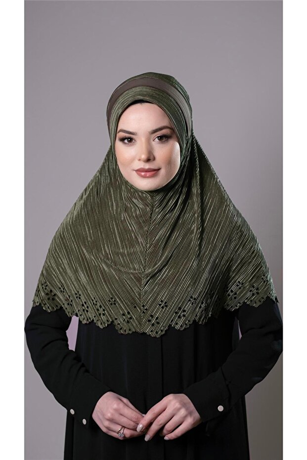 وشاح حجاب متشابك عملي كاكي جاهز الصنع قماش فوكورو مطوي زهرة منقوشة قطع ليزر 1829_09