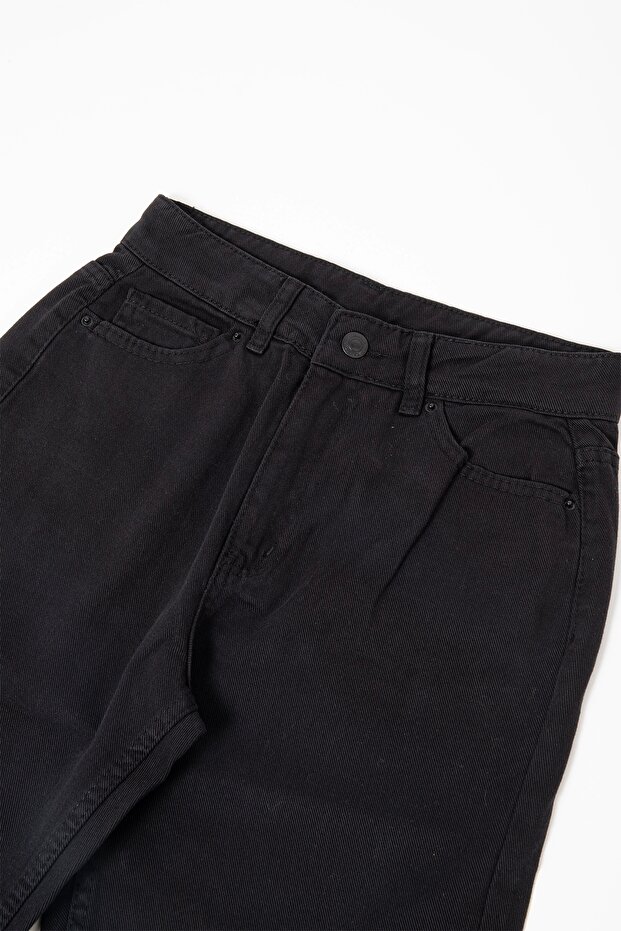 Black Buttoned Basic Black Mom Shape Pants - 3