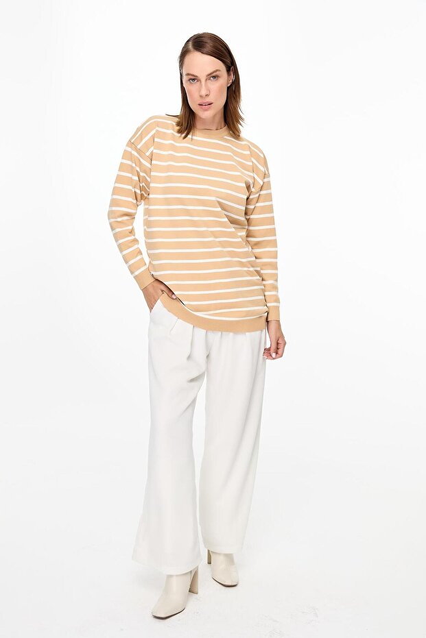 Çizgili Basic Triko Tunik-BİSKÜVİ - 4