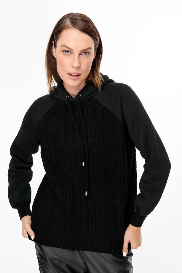 Kapüşonlu Örme Desenli Triko Bluz-SİYAH - 1