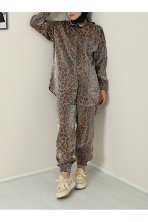 Leopard Pattern Flamed Satin Set - Brown - 3