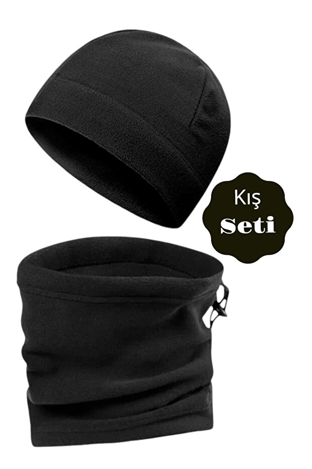 Black Thermal Winter Quality Fleece Beanie-Neck Collar Set