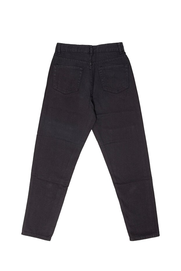 Black Buttoned Basic Black Mom Shape Pants - 2