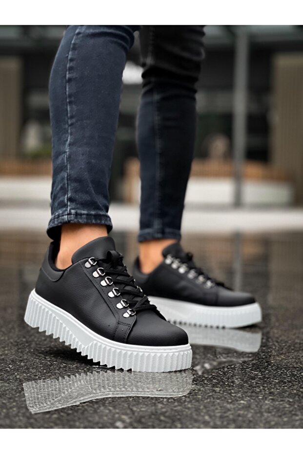 Ba0505 Hook Lace-Up Black Color White Sole Casual Shoes