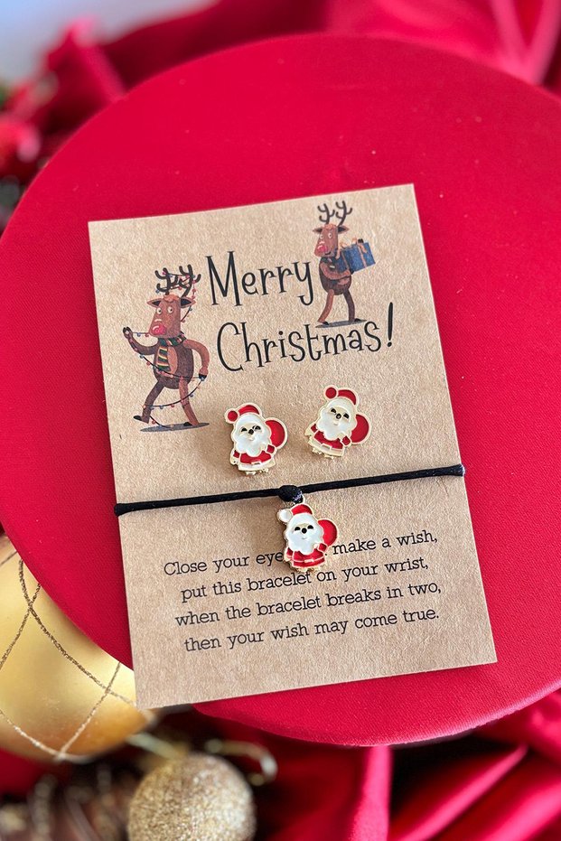 Christmas Themed Santa Claus and Christmas Tree Figured Gift Bracelet Earrings Jewelry Set