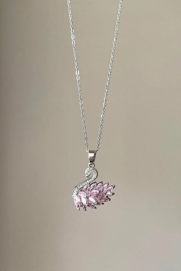 Pembe Taşlı Kuğu Çelik Kolye - 3