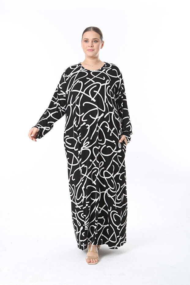 WOMEN'S BLACK AND WHITE PATTERNED LARGE SIZE DRESS