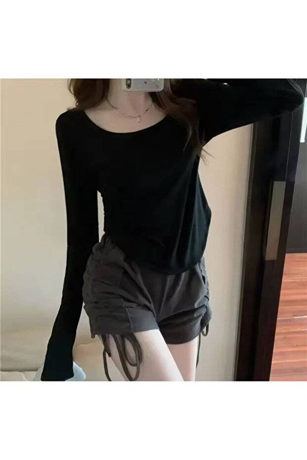 Y2K Basic Uzun Kollu Crop - 1