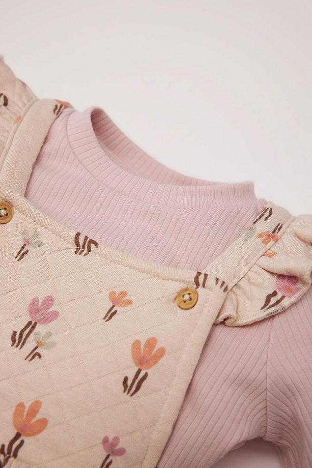 Kız Bebek 2'li Takım Çiçekli Fitilli Kaşkorse Elbise Basic Düz Uzun Kollu Tişört D7252A524WN - 3