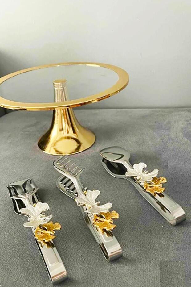 Set of 3 Silver Serving Tongs with Butterfly Detail