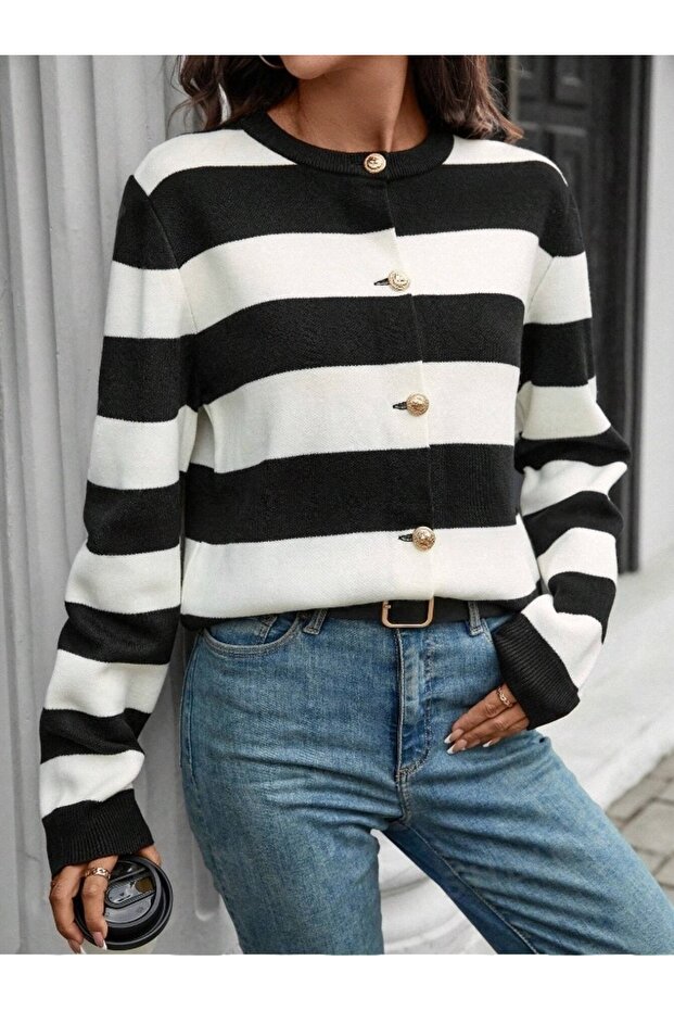 Triko Şeritli Kısa Hırka - 3