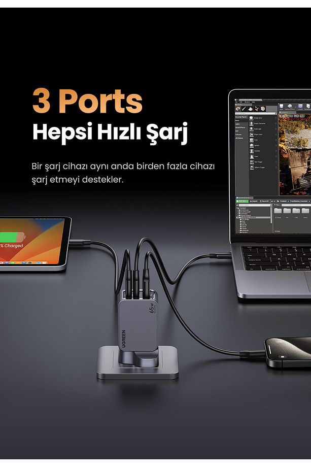 Nexode  Pro 65W GaN Hızlı Şarj Cihazı Type-C QC PD 2xUSB-C, 1xUSB-A, Uzay Grisi - 25871 - 4