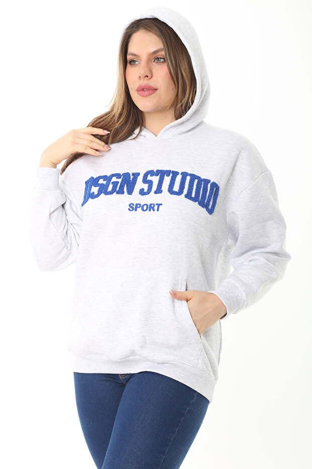 Women's Large Size Gray Hooded Sweatshirt with 3 Thread Embroidery Detail and Raised Inside 65N37126