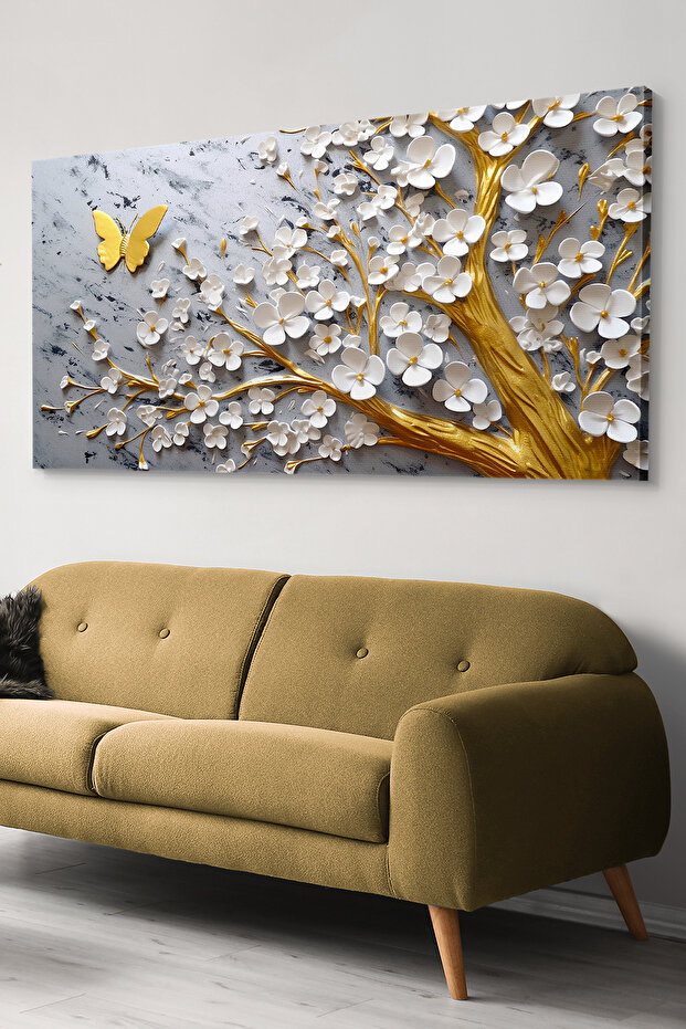 White Flowers Gold Tree Butterfly Detail One Piece Canvas - Canvas Painting