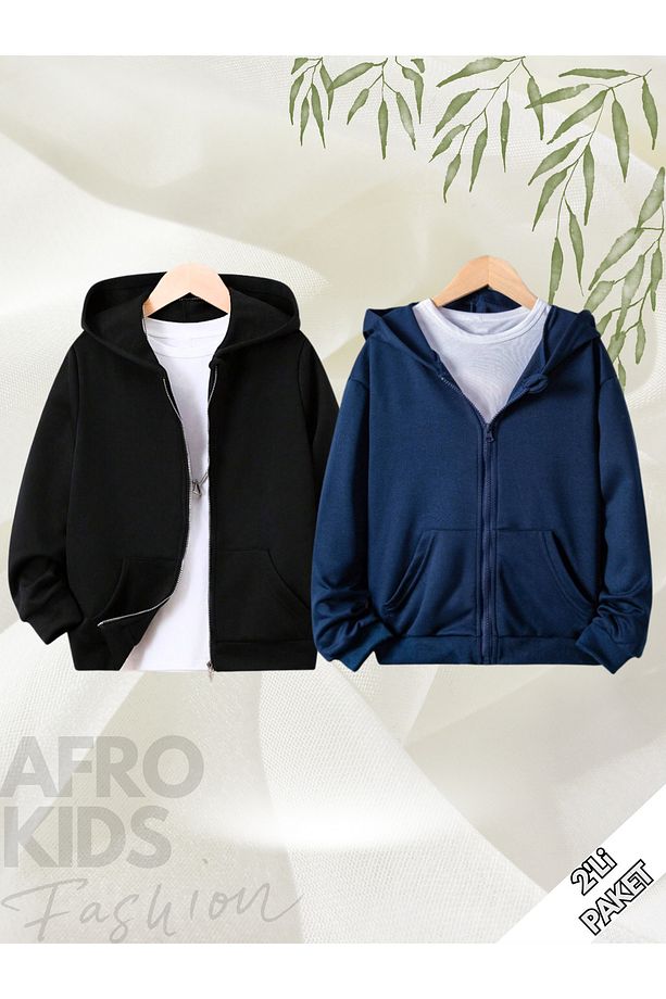 Çocuk Unisex 2'li Paket Düz Baskısız Fermuarlı Oversize Hırka SL - 1