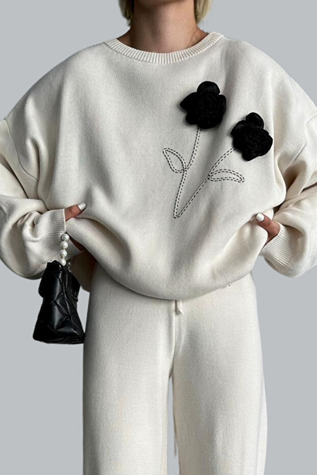 Women's Sweater Trousers Rose Detailed Bottom Top Double Knitwear Set