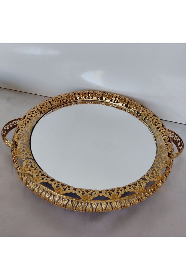 AŞİRET BOY  ÇİFT ŞERİTLİ GOLD DAMLA MODEL 3 LÜ  AYNALI SUNUM İKRAM TEPSİSİ MUTFAK MASA MEKAN - 4