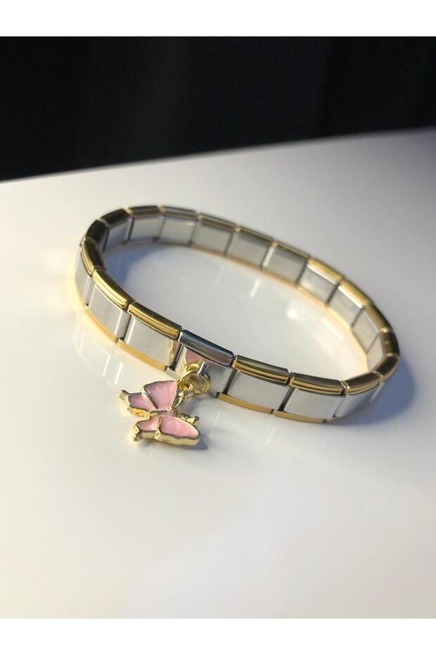 Italian Charm Nomi Steel Bracelet, Butterfly Detail, Gift Bracelet for Lover, Spouse