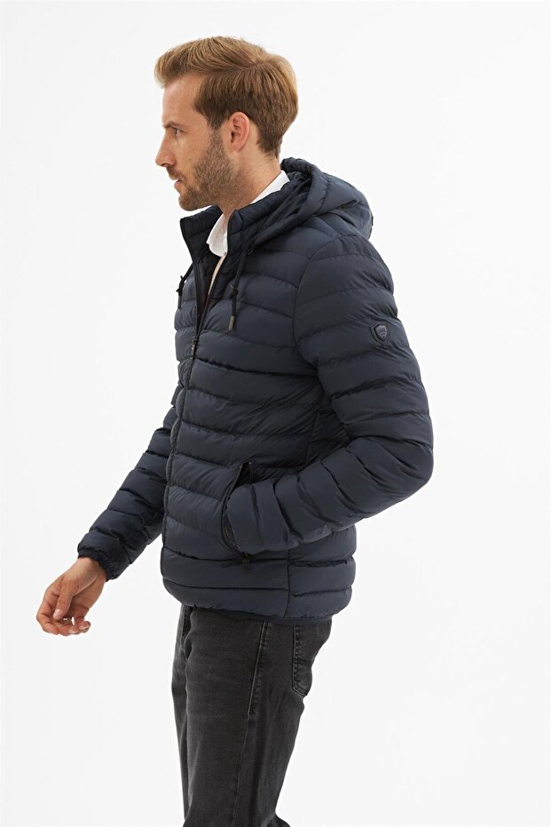 Erkek Çıkarılabilir Kapüşonlu Basic Şişme Mont Lacivert - 5