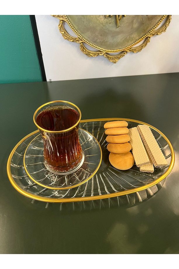 Paşabahce  Elysia yaldızlı Çay seti ve 6 li Sunum Tabagı - 3