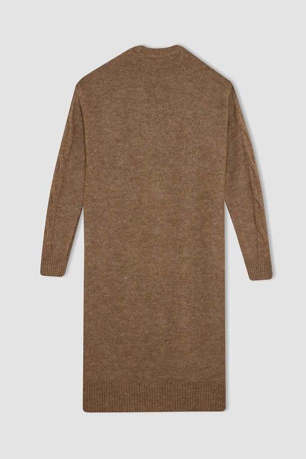 Regular Fit Bisiklet Yaka Saç Örüg Desenli Basic Düz Uzun Kollu Maxi Triko Elbise VISON - 7