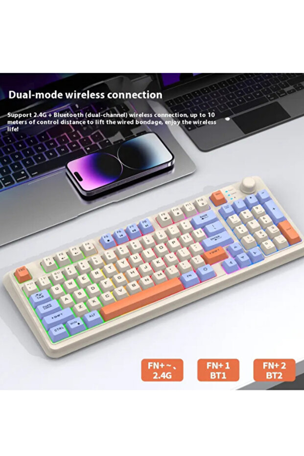 K94 Bluetooth/2.4g Kablosuz Klavye Işıklı Usb Type-c Kablolu Şarj Gösterge Panelli - 3