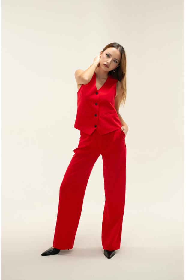 Kırmızı Vucüda Oturan Crop Dokuma Yelek - 4