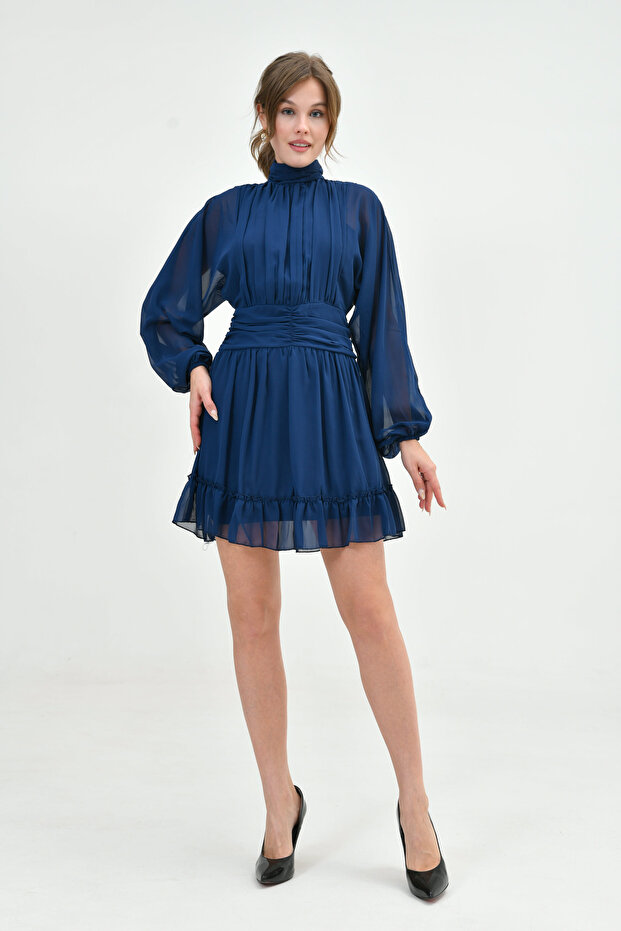 Women's Lined Chiffon Fabric Backless High Collar Long Balloon Sleeve Navy Blue Chiffon Dress 066
