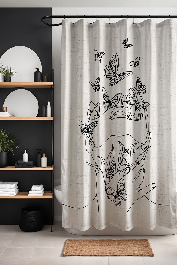 Bathroom Curtain, Abstract Women and Butterflies Patterned Shower Curtain, Bathtub Curtain 175X200Cm