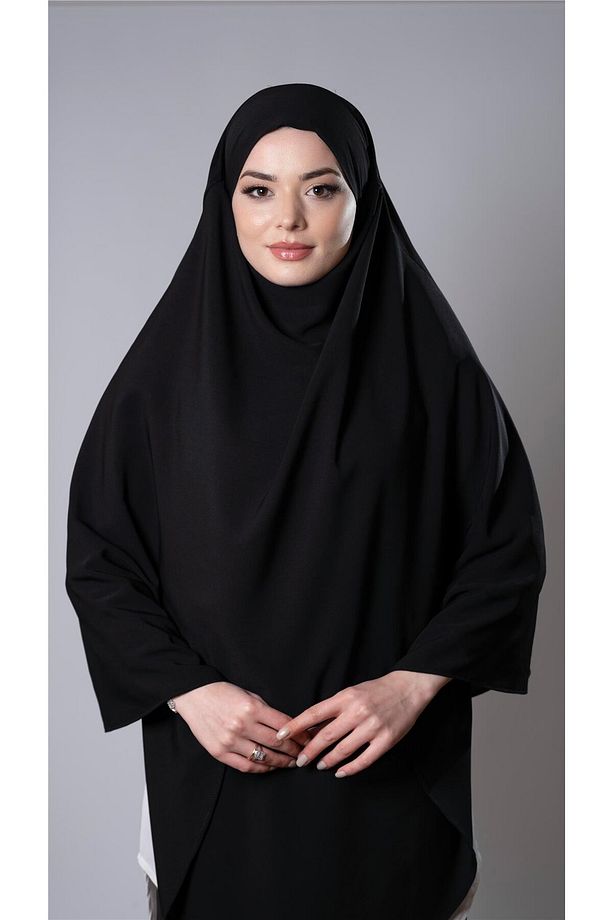 Siyah Pratik Hazır Geçmeli Tesettür Eşarp Medine İpeği Bağcıklı Sufle Hijab 2301_01 - 1