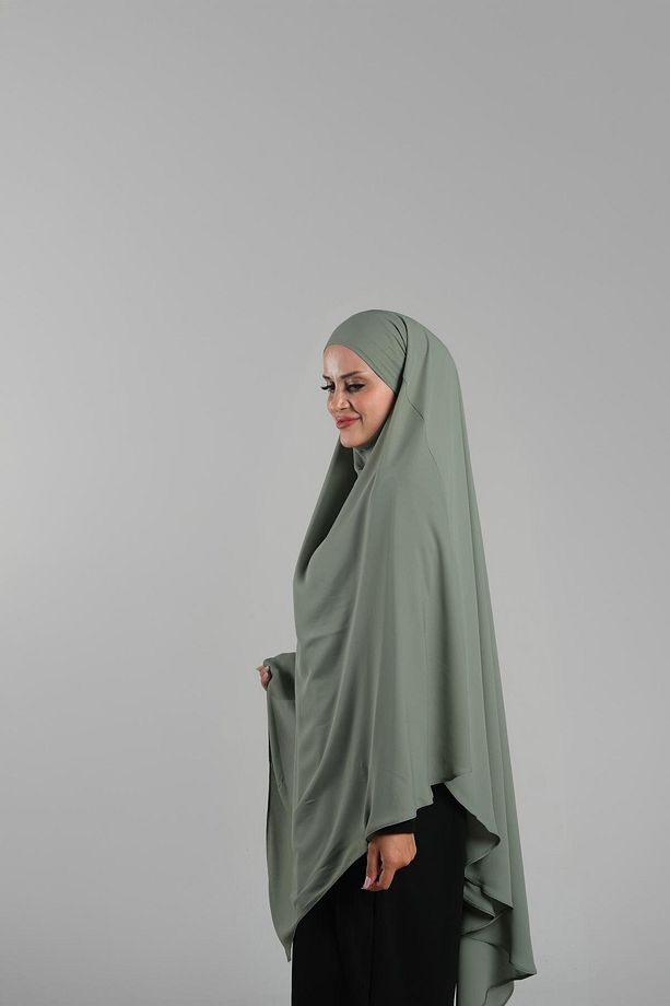 Yağ Yeşili Pratik Hazır Geçmeli Tesettür Eşarp Krep Bağcıklı Sufle Hijab 2313_36 - 2