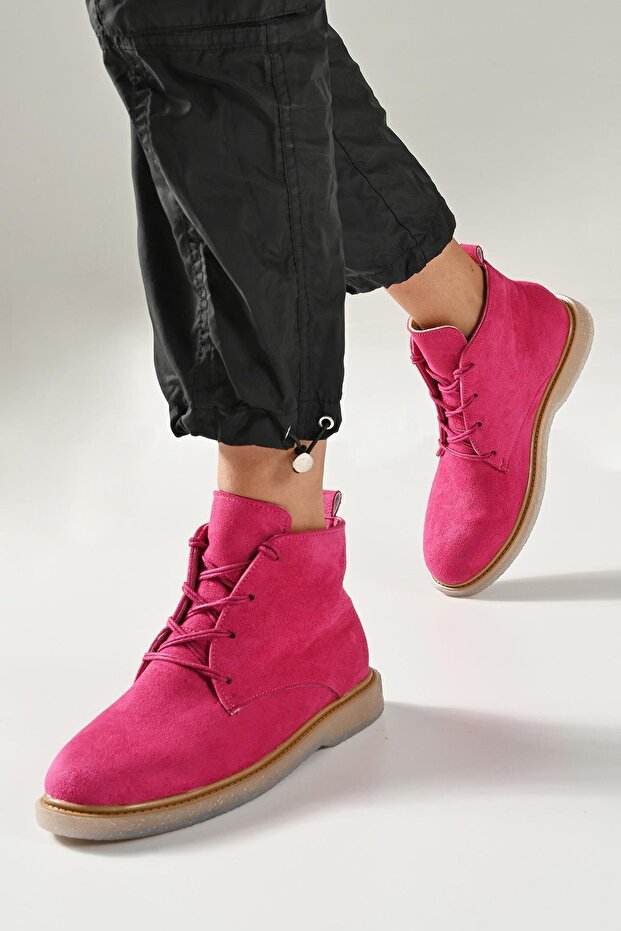 Dámské fuchsiové šněrovací 2cm semišové boty Hupu (BYNDHPB01) - 2