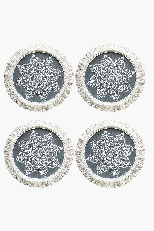 4'lü Gri Bohem jüt supla, beyazl püsküllü  30 x 30 cm yuvarlak amerikan servis, tabak altlığı, hasır - 1
