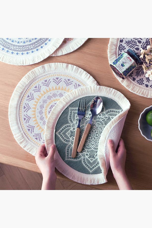 4'lü Gri Bohem jüt supla, beyazl püsküllü  30 x 30 cm yuvarlak amerikan servis, tabak altlığı, hasır - 6
