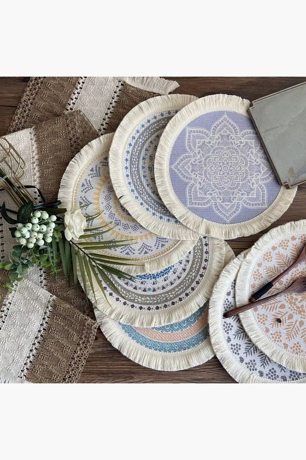 4'lü Gri Bohem jüt supla, beyazl püsküllü  30 x 30 cm yuvarlak amerikan servis, tabak altlığı, hasır - 3