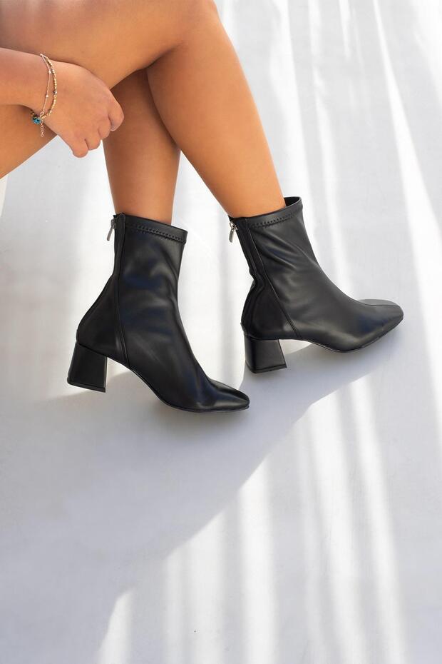 Kadın Siyah Pekin Streç Küt Kalıp Deri Bot 5cm BYNDSTRW01 - 3