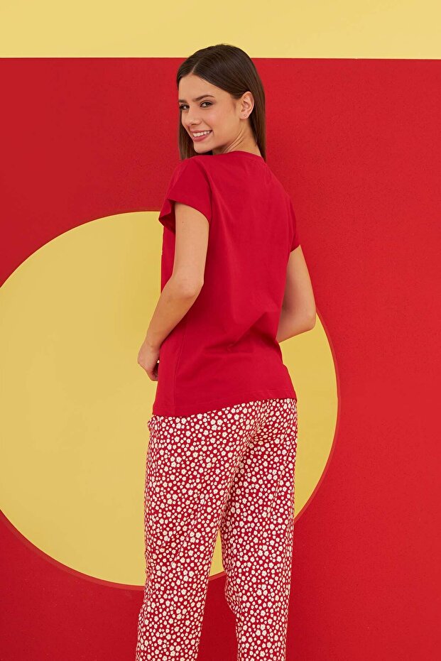 Bordo Daisies Patterned Pijama Takımı - 3
