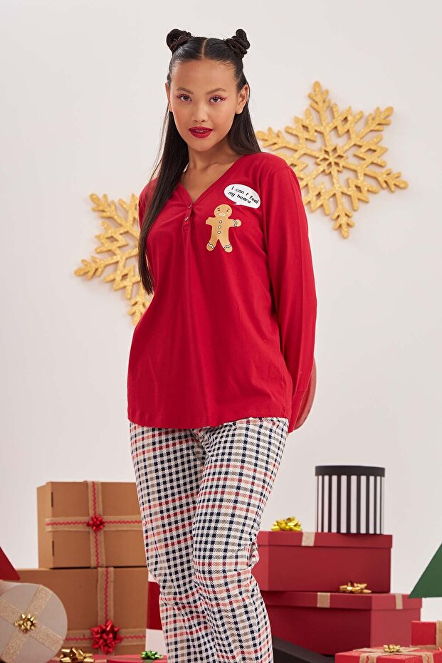 طقم بيجامة بأزرار قميص قصير أحمر - 3