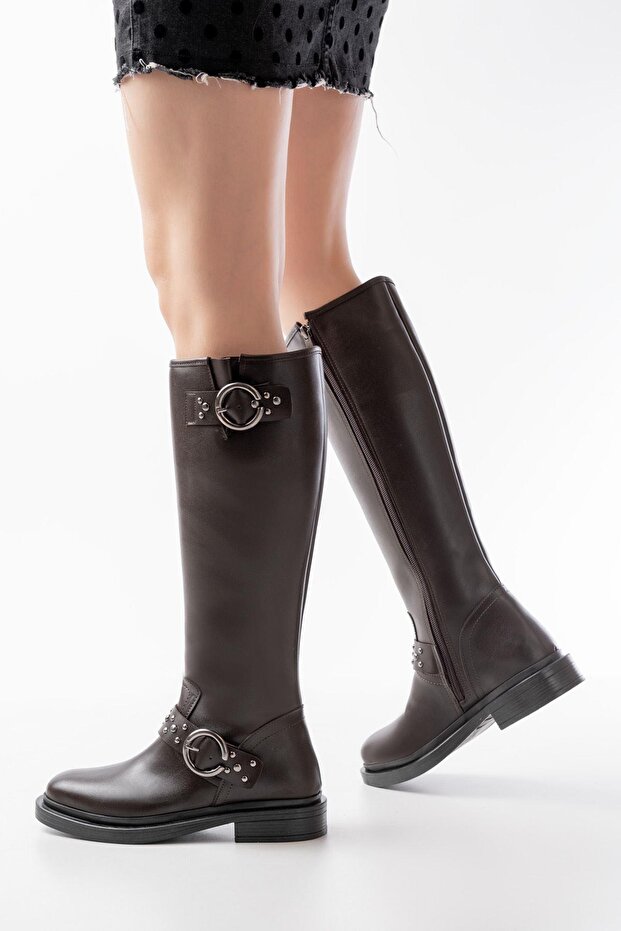 2024-3004 Brown Buckle Accessories Elastic Zippered Casual Women's Boots