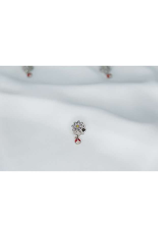 Ladybug Hanging Stone Flower Motif Stainless Steel Charm
