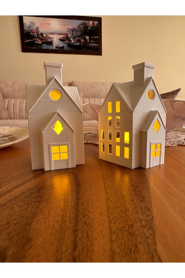 Kış Evleri 2'li Set Dekoratif Noel Evler Tealight Mum, Led Mum Dahil. - 6