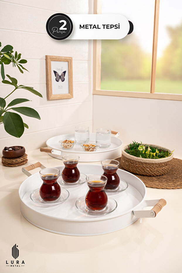 Set of 2 White Wooden Handles Metal Tea and Coffee Presentation Tray - 37 cm