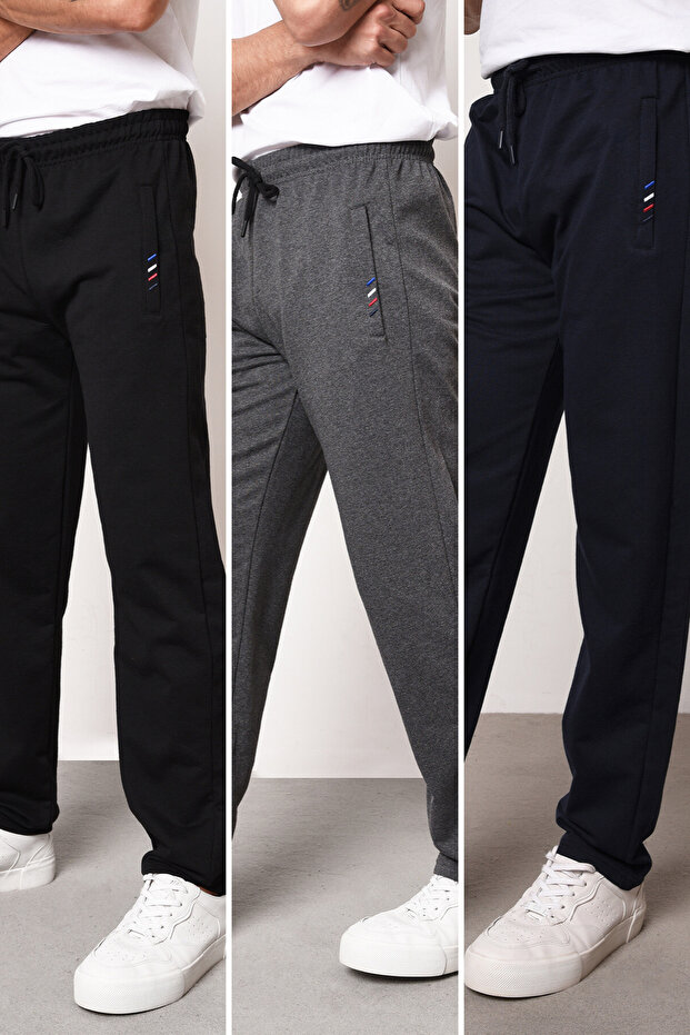 Black-navy blue-anthracite Men's Zipper Pocket Embroidery Detailed Straight Leg Comfortable Cut 3-Piece Sweatpants