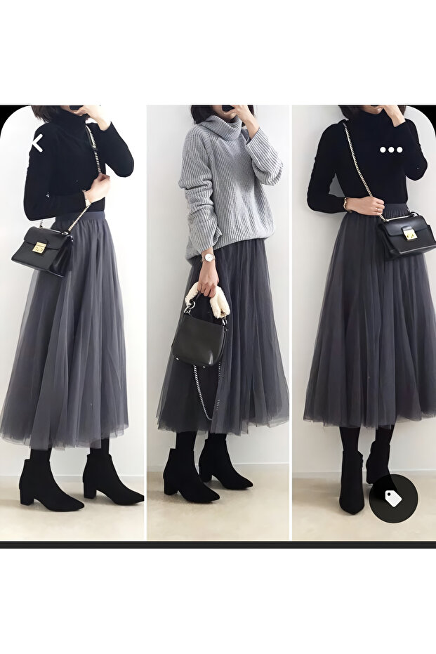 3-Layer 75 cm Length Midi Puffy Zippered-Elastic Waist Comfortable High-Waisted Midi Tulle Skirt