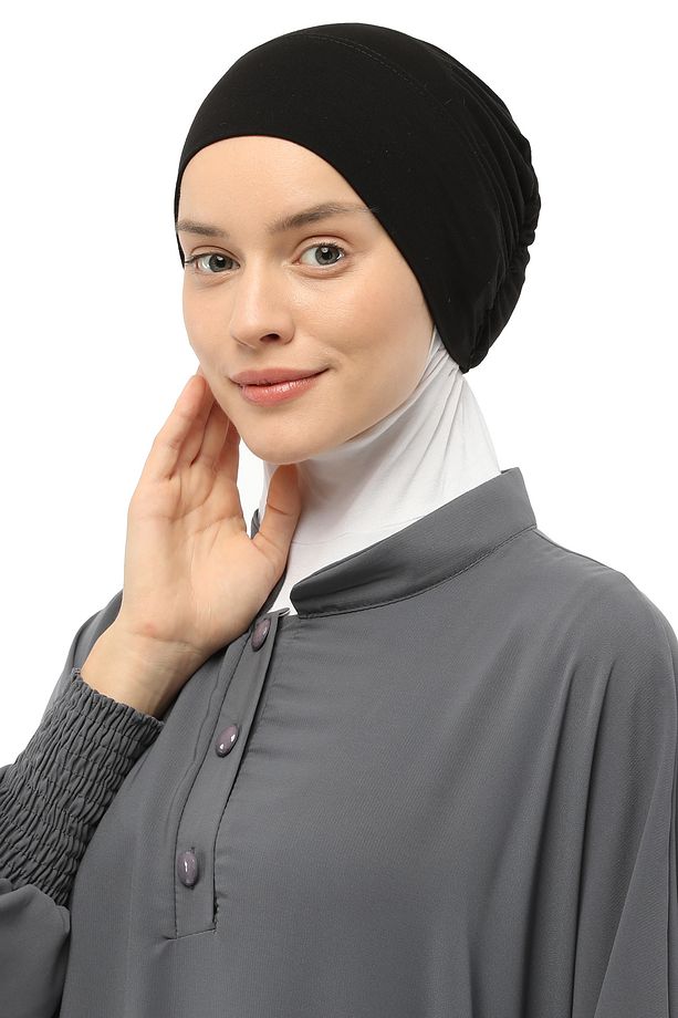 Hazır Pratik Geçmeli Lastikli Tesettür Bone Siyah - 4