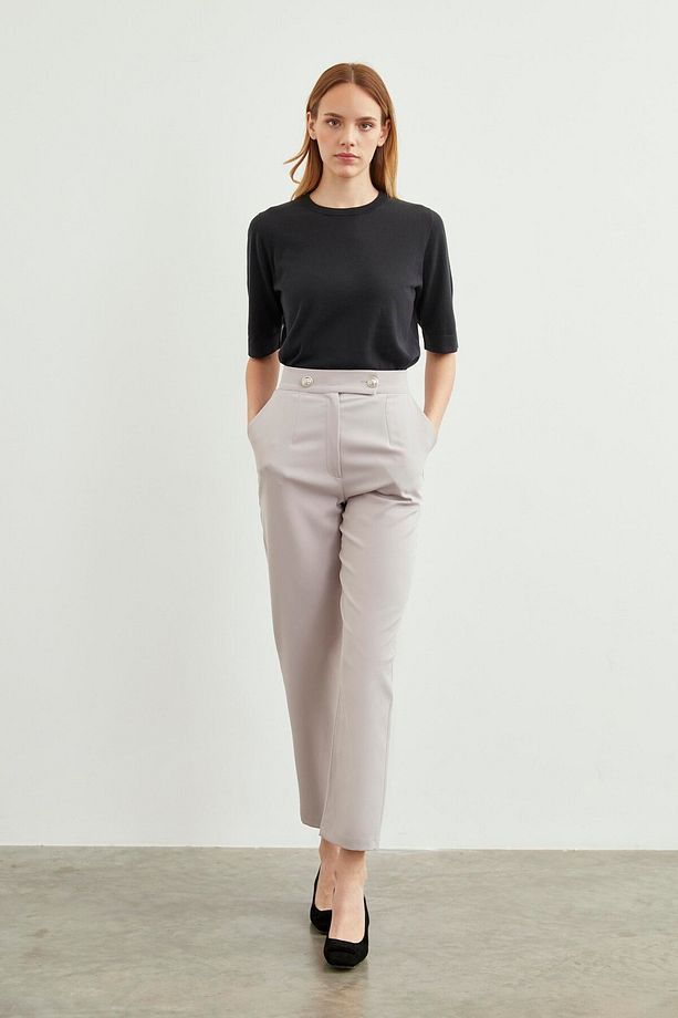 Yüksek Bel Dar Paça Gri Kumaş Pantolon P-0159 - 3