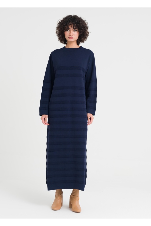 1002 Çizgili Triko Elbise - 2